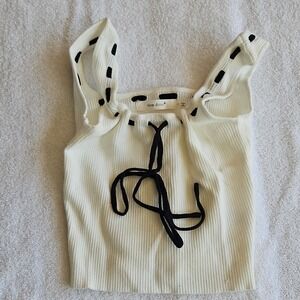 idem ditto White Black Rib Knit Square Neck Tie Accent Cropped Tank Top Size S